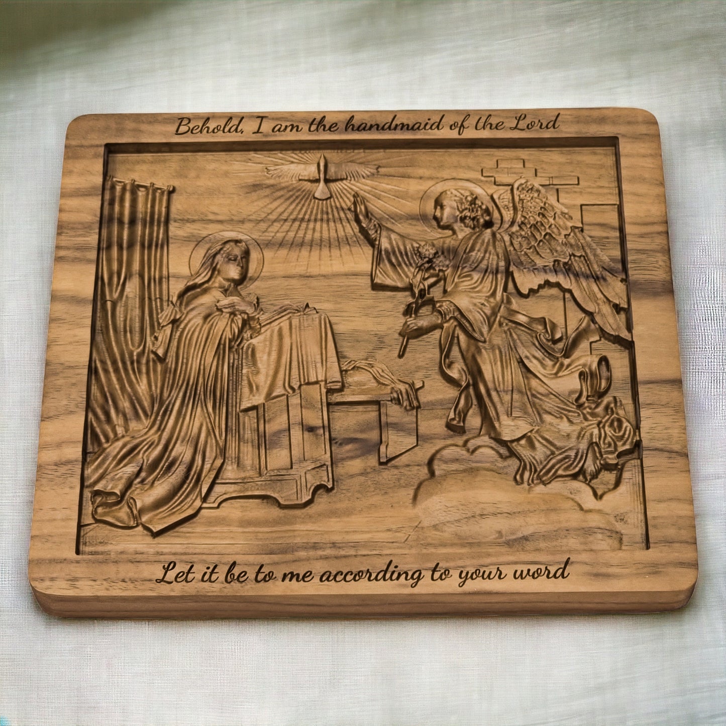 Walnut Annunciation Carving - Spiritual Centerpiece