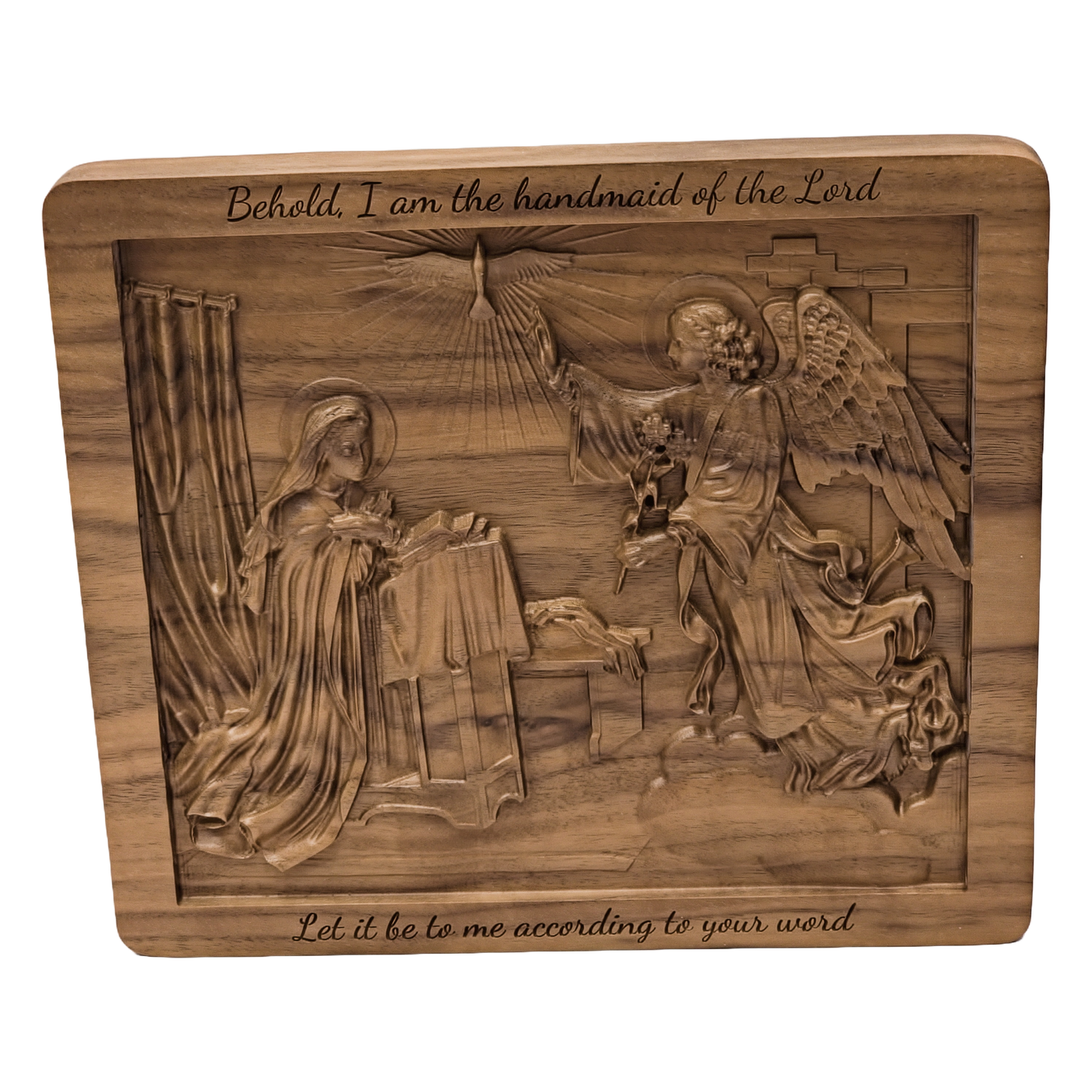 Walnut Annunciation Carving - Spiritual Centerpiece