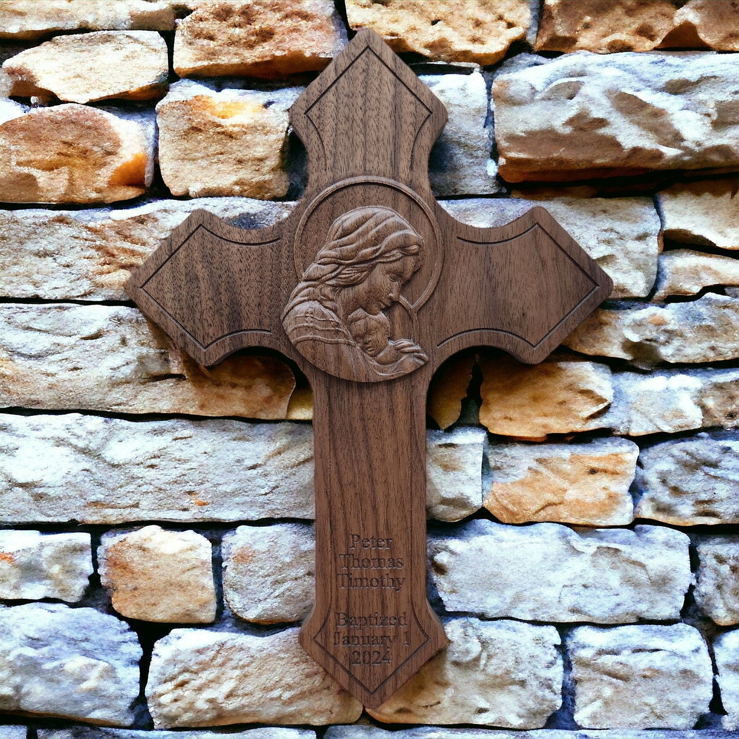 Elegantly Handcrafted Theotokos Baptism Cross - Personalizable - Harmony Hand Woodcrafts