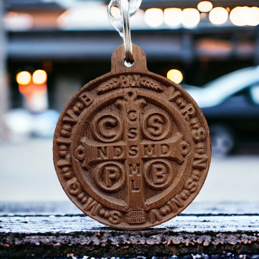 St. Benedict Medal Walnut Keychain - Harmony Hand Woodcrafts